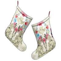 Hawaii Map Kanaka Two Men Holding Flag Christmas Stocking Beige - AH - Polynesian Pride