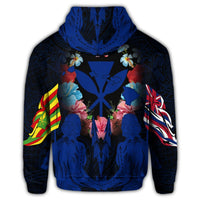 Hawaii Map Kanaka Two Men Holding Flag Zip Hoodie Blue - Polynesian Pride