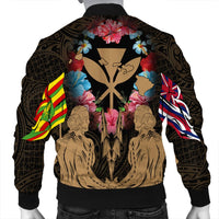 Hawaii Map Kanaka Two Men Holding Flag Bomber Jacket Gold - AH - Polynesian Pride