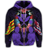 Hawaii Map Kanaka Two Men Holding Flag Zip Hoodie Purple - Polynesian Pride