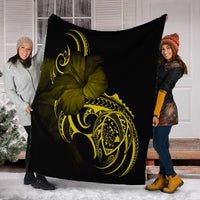 Hawaii Map Turtle Hibiscus Divise Polynesian Premium Blankets Yellow - AH - Polynesian Pride