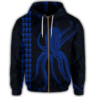Hawaii Octopus KaKau Polynesian Zip Hoodie Blue - Polynesian Pride