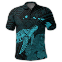 Hawaii Polynesian Hibiscus Turtle Map Polo Shirt Blue - Polynesian Pride