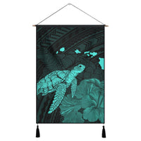 Hawaii Polynesian Hibiscus Turtle Map Hanging Poster Turquoise - AH Hanging Poster Cotton And Linen - Polynesian Pride