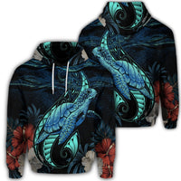 Hawaiian Polynesian Honu Sea Hibiscus Hoodie Unisex Art - Polynesian Pride