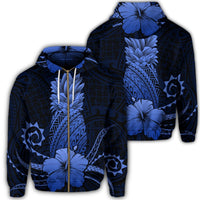 Hawaii Polynesian Zip Hoodie Pineapple Hibiscus Blue Unisex Art - Polynesian Pride