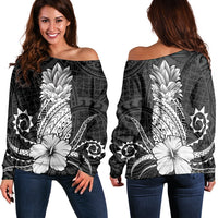 Hawaii Polynesian Pineapple Hibiscus Women's Off Shoulder Sweater - White - AH Black - Polynesian Pride