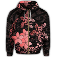 Hawaii Zip Hoodie Polynesian Turtle with Plumeria Pog Style Red - Polynesian Pride