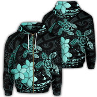 Hawaii Zip Hoodie Polynesian Turtle with Plumeria Pog Style Turquoise Unisex Art - Polynesian Pride