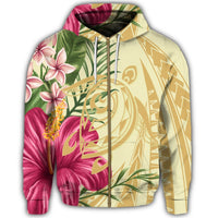 Hawaii Zip Hoodie Polynesian Turtle Tropical Hibiscus Plumeria Beige - Polynesian Pride