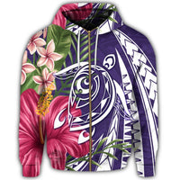 Hawaii Zip Hoodie Polynesian Turtle Tropical Hibiscus Plumeria Purple - Polynesian Pride