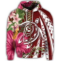 Hawaii Zip Hoodie Polynesian Turtle Tropical Hibiscus Plumeria Red - Polynesian Pride