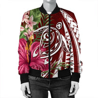 Hawaii Polynesian Turtle Tropical Hibiscus Plumeria Bomber Jacket - Red - AH - Polynesian Pride