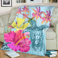 Hawaii Sea Turtle Hibiscus Kanaka Premium Blankets - AH - Polynesian Pride