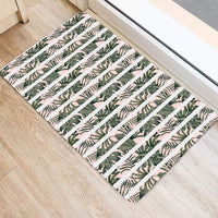 Hawaii Tropical Dark Green Leaves Seamless Pattern White Stripes Pink Background Hawaii Door Mat - Polynesian Pride