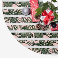 Hawaii Tropical Dark Green Leaves Seamless Pattern White Stripes Pink Background Tree Skirt - Polynesian Pride