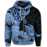 Hawaii Turtle Zip Hoodie Polynesian Hibiscus Art Blue - Polynesian Pride