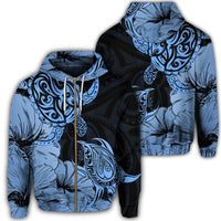Hawaii Turtle Zip Hoodie Polynesian Hibiscus Art Blue Unisex Art - Polynesian Pride