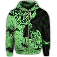 Hawaii Turtle Zip Hoodie Polynesian Hibiscus Art Green - Polynesian Pride