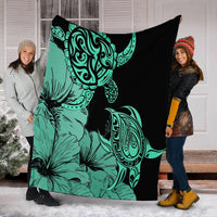 Hawaii Turtle Premium Blankets Polynesian Hibiscus Art Turquoise - AH - Polynesian Pride