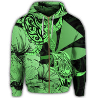 Hawaii Turtle Zip Hoodie Polynesian Hibiscus Art Ver 2.0 Green - Polynesian Pride