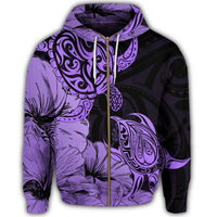 Hawaii Turtle Zip Hoodie Polynesian Hibiscus Art Violet - Polynesian Pride