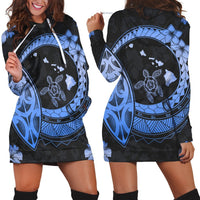 Hawaii Turtle Hibiscus Map Polynesian Hoodie Dress Blue - AH Black - Polynesian Pride