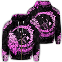 Hawaii Turtle Hibiscus Map Polynesian Zip Hoodie Pink Unisex Art - Polynesian Pride