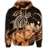 Hawaii Turtle Map Polynesian Zip Hoodie Safety Orange - Polynesian Pride