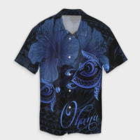 Hawaii Turtle Ohana Hibiscus Poly Hawaiian Shirt - Blue - AH Unisex Black - Polynesian Pride