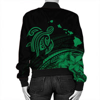 Hawaii Turtle Polynesian Map Plumeria Bomber Jacket Green - AH - Polynesian Pride