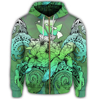 Hawaii Turtle Wave Polynesian Zip Hoodie Hey Style Green - Polynesian Pride