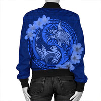 Hawaii Yin Yang Turtle Shark Hibiscus Plumeria Bomber Jacket - Blue - AH - Polynesian Pride