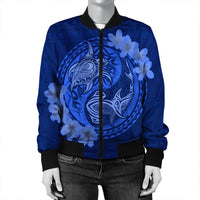 Hawaii Yin Yang Turtle Shark Hibiscus Plumeria Bomber Jacket - Blue - AH - Polynesian Pride