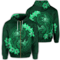 Hawaii Yin Yang Turtle Shark Hibiscus Plumeria Zip Hoodie Green Unisex Art - Polynesian Pride