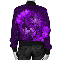 Hawaii Yin Yang Turtle Shark Hibiscus Plumeria Bomber Jacket - Purple - AH - Polynesian Pride