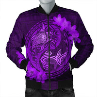 Hawaii Yin Yang Turtle Shark Hibiscus Plumeria Bomber Jacket - Purple - AH Black Unisex - Polynesian Pride