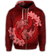 Hawaii Yin Yang Turtle Shark Hibiscus Plumeria Zip Hoodie Red - Polynesian Pride