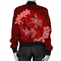 Hawaii Yin Yang Turtle Shark Hibiscus Plumeria Bomber Jacket - Red - AH - Polynesian Pride