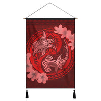 Hawaii Yin Yang Turtle Shark Hibiscus Plumeria Hanging Poster - Red - AH Hanging Poster Cotton And Linen - Polynesian Pride