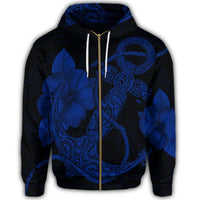 Hawaiian Anchor Poly Tribal Hibiscus Polynesian Zip Hoodie Blue - Polynesian Pride