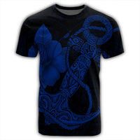 Hawaiian Anchor Poly Tribal Hibiscus Polynesian T Shirt Blue - Polynesian Pride