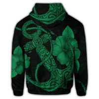 Hawaiian Anchor Poly Tribal Hibiscus Polynesian Zip Hoodie Green - Polynesian Pride