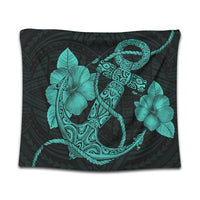 Hawaiian Anchor Poly Tribal Hibiscus Polynesian Tapestry Turquoise - AH Wall Tapestry Black - Polynesian Pride