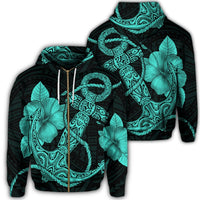 Hawaiian Anchor Poly Tribal Hibiscus Polynesian Zip Hoodie Turquoise Unisex Art - Polynesian Pride