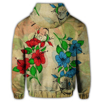 Hawaiian Blue and Red Hibiscus Polynesian Zip Hoodie - Polynesian Pride