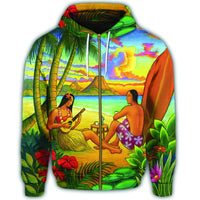 Hawaiian Couple Sing A Song On Beach Sunset Zip Hoodie - Polynesian Pride