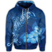 Hawaiian Dolphin Hibiscus Tropic Blue Polynesian Zip Hoodie - Polynesian Pride