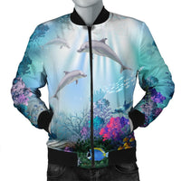 Hawaiian Dolphins Play The Ocean Polynesian Bomber Jacket - AH Black Unisex - Polynesian Pride