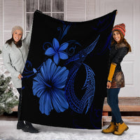 Hawaiian Fish Hook Hibiscus Plumeria Polynesian Premium Blankets - Blue - AH - Polynesian Pride